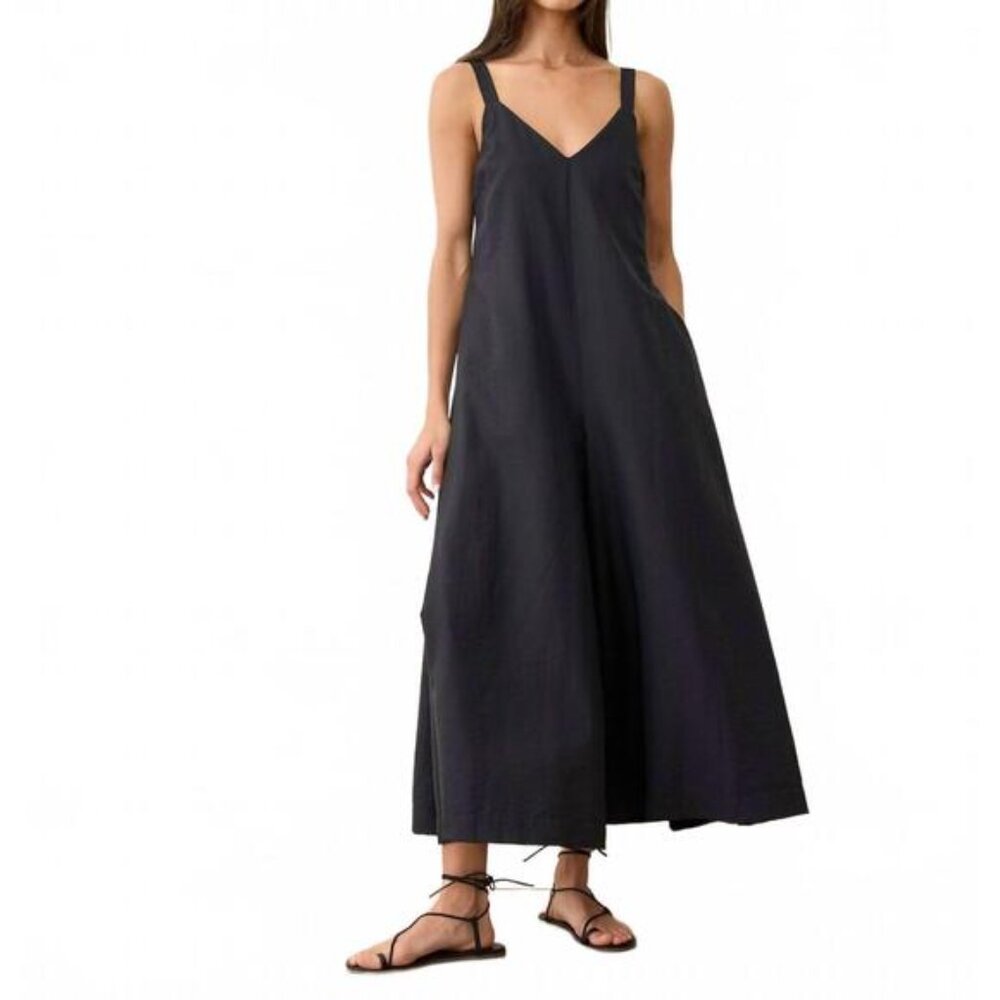 NEW MARINE LAYER Cari Wide Leg V-neck Jumpsuit in Black  SZ L
